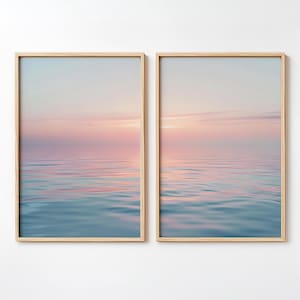 Solnedgångsdiptyk med 2 tryck, väggkonst med delad panel, pastellrosa himmelsreflektion, utskrivbar dekoration med kustsolnedgång, digital nedladdningsbar konst