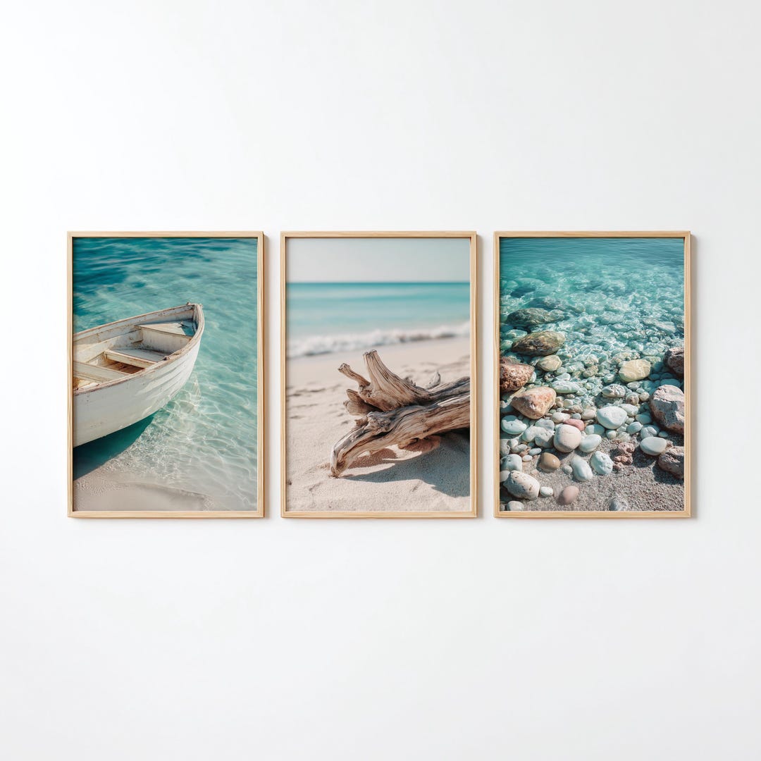 Boat Beach Prints, Coastal Wall Art Set of 3, Driftwood Ocean Decor ...