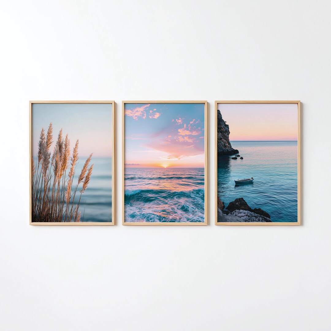 Coastal Wall Art Set of 3, Beach Sunset Prints, Ocean Wall Art, Neutral ...
