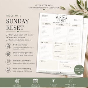 Peut inclure: Une feuille de planification en papier blanc intitulée The Ultimate Sunday Reset avec des sections pour le ménage, les repas, le numérique, les soins personnels, les priorités, les habitudes, les notes et une affirmation hebdomadaire.