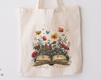 Floral Book Illustration Tote Bag, Vintage Inspired Botanical Art, Durable Canvas Carryall, Unique Literary Gift, Eco-Friendly Reusable Bag