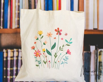 Boho Wildflowers Canvas Tote Bag, Floral Print Tote, Eco-Friendly Market Bag, Spring Summer Accessory, Colorful Flower Bag for Women