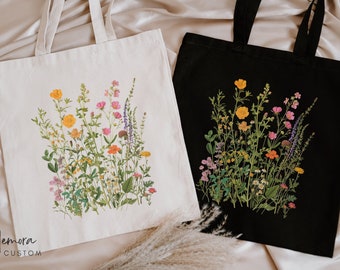 Botanische illustratie draagtas, vintage bloemenprint, milieuvriendelijke herbruikbare shopper, tuinliefhebber cadeau, grote canvas tas