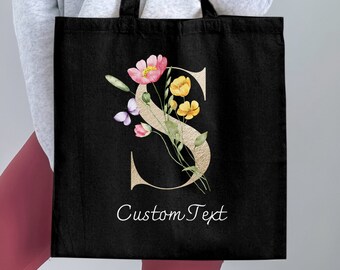 Floral Letter Tote Bag, Watercolor Flower Alphabet, Custom Text, Eco-Friendly Reusable Shopper, Personalized Gift Idea, Chic Carryall