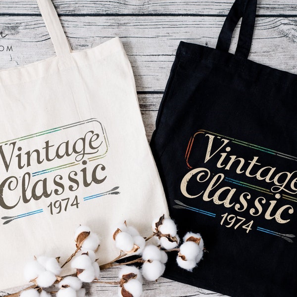 Vintage Classic 1974 Canvas Tote Bag, Retro Style Grocery Bag, 50th Birthday Gift, Durable Cotton Shoulder Bag