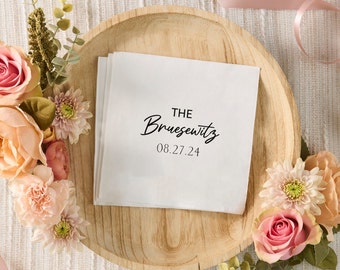Serviettes de mariage personnalisées avec prénom, date, décoration de table élégante avec polices de caractères, Design minimaliste noir et blanc