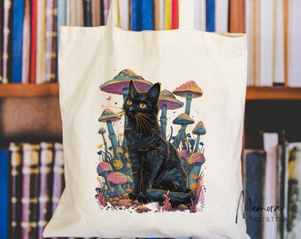 Cottagecore Cat Tote Bag, Mushroom Forest Illustration, Whimsical Cat Art, Eco-Friendly Canvas Shopping Bag, Unique Market Tote