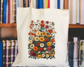 Canvas Tote Bag with Boho Floral Design, Cottagecore Aesthetic, Eco-Friendly Reusable Shopping Bag, Vintage Botanical Print