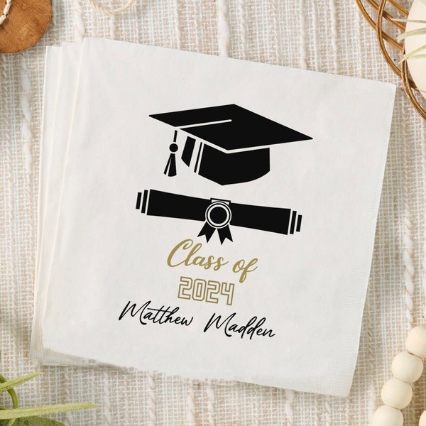 Personalized Graduation Napkins 2024, Custom Beverage Luncheon Napkin, Class of 2024, Black and Gold Design, Party Supplies