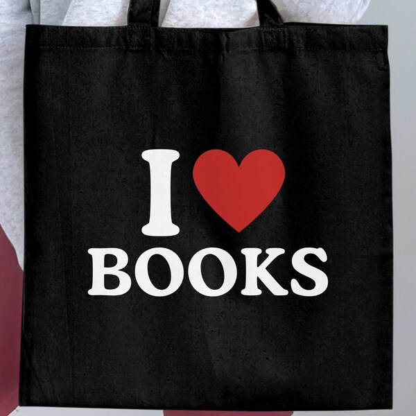 I Love Books Tote Bag, Large Canvas Book Lover Bag, Literary Gift, Black and Red, Eco-Friendly, Shopping Bag, Gift for Readers