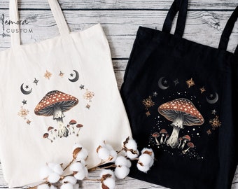 Mushroom Tote Bag, Vintage Style Mushroom Illustration, Bohemian Forest Fungi Shoulder Bag, Nature Inspired Carryall, Market Bag