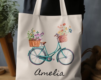 Bicycle Flower Basket Tote Bag, Vintage Bike Floral Print Canvas Bag, Spring Summer Market Carryall, Personalized Gift for Her