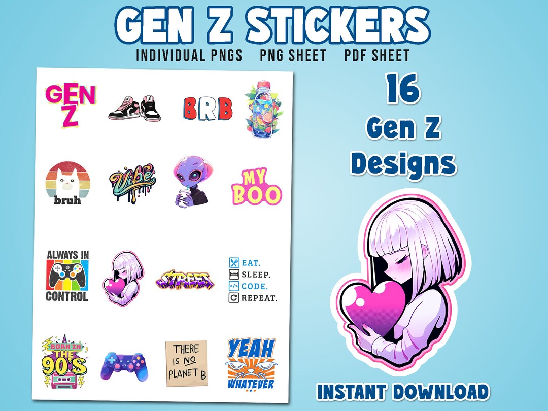 Gen Z Stickers 16 Downloadable PNGS Digital Sticker Set for Gen Z to
