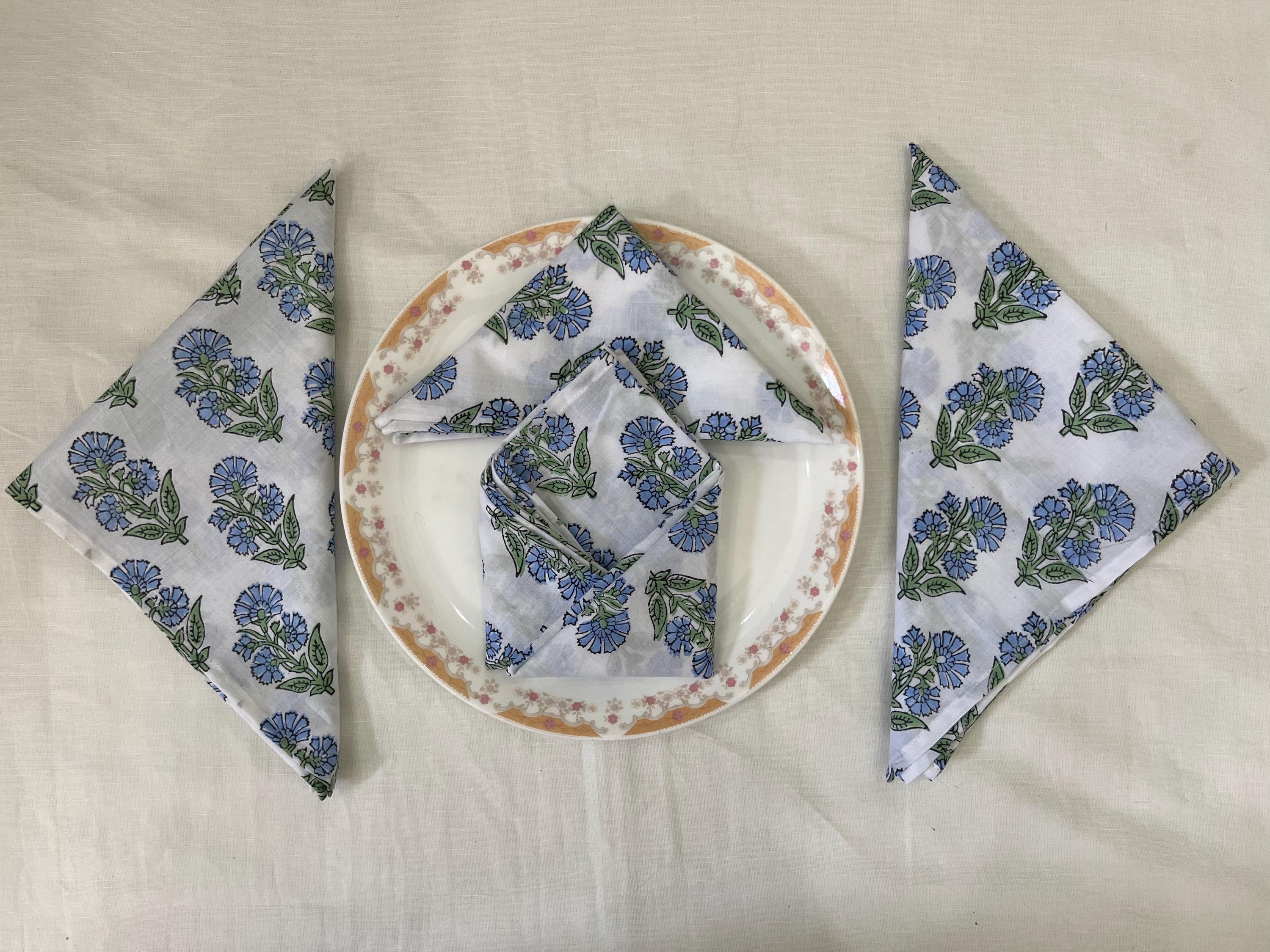 Napkins, Baby Blue, Safari Green Floral Indian Hand Block Printed Cotton Cloth Napkins, Dinner Napkins, Wedding Events Home Party Christmas