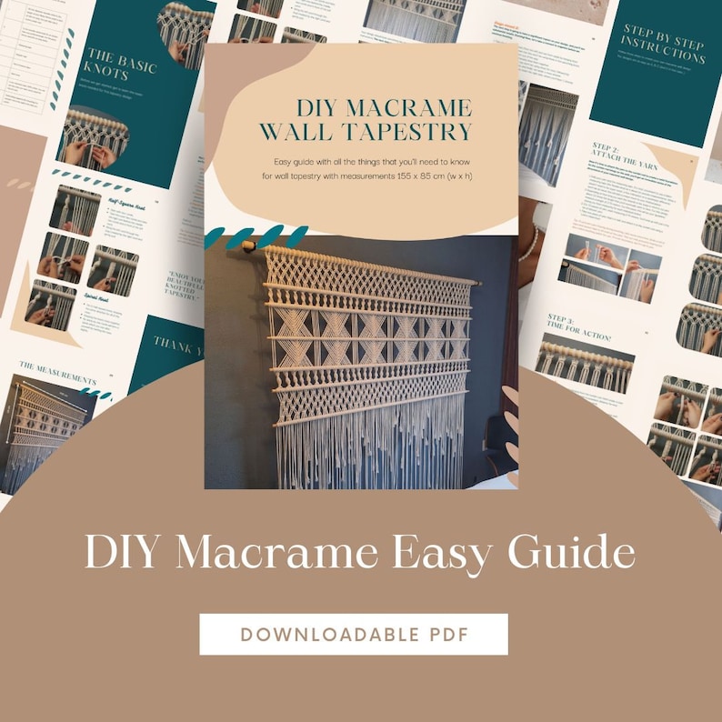 May include: A DIY Macrame Wall Tapestry guide with step-by-step instructions. The guide includes measurements of 61 x 33 inches (w x h). The image shows a finished macrame wall hanging with a geometric design and a downloadable PDF.