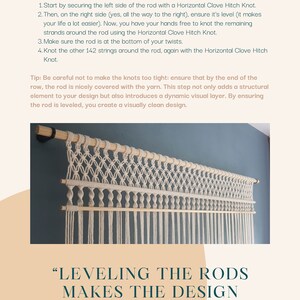 May include: Macrame wall hanging with a cream-colored design, featuring a woven pattern and hanging fringe. The text "LEVELING THE RODS MAKES THE DESIGN REALLY STAND OUT" is displayed below the macrame.