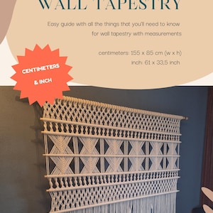 May include: DIY macrame wall tapestry with measurements. The off-white macrame wall hanging is 61 x 33.5 inches. The text on the image says "DIY MACRAME WALL TAPESTRY" and "CENTIMETERS & INCH".