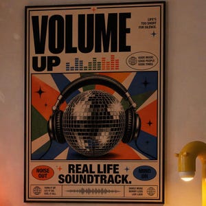 Volume Up Disco Ball Poster, Retro Music Wall Art Print, DJ Headphones Decor