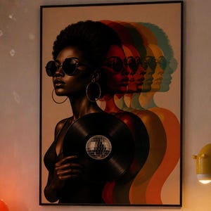 Afro Woman Wall Art, Vinyl Record Poster, Disco Ball Print, Black Woman Printable