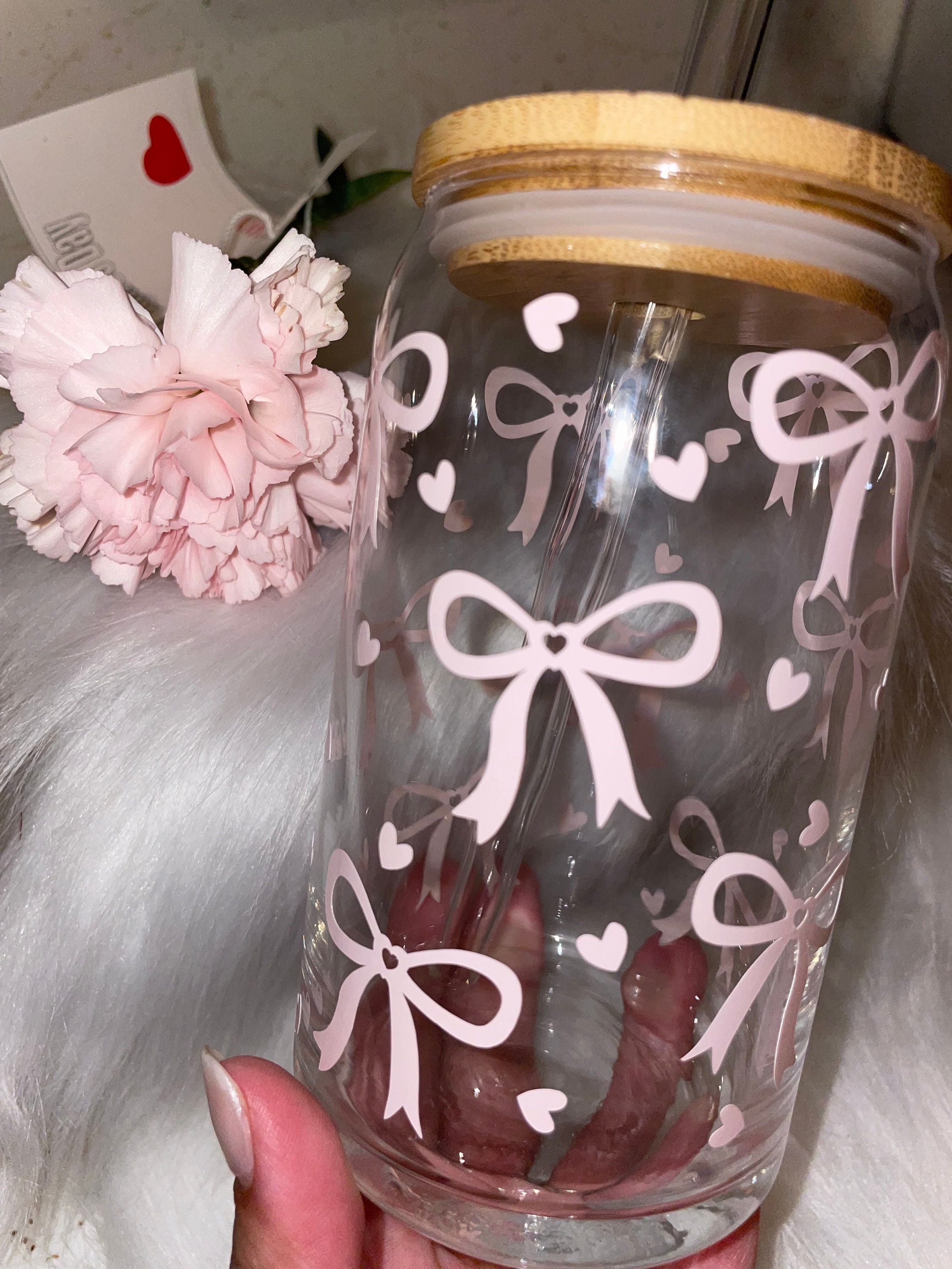 16oz Pink Bow Glass Can | Coquette Bow Glass Cup | Gift for Her ...