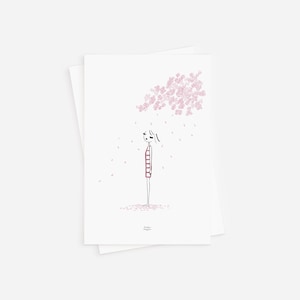 Carte postale pétales de printemps – Mini impression d'art fantaisiste de fleurs de cerisier, illustration de fille sous les fleurs, papeterie esthétique
