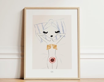 Breakfast in Bed Art Print – Feminine French Poster | Croissants & Coffee Illustration, Paris Girl Wall Art, Kitchen or Café Decor