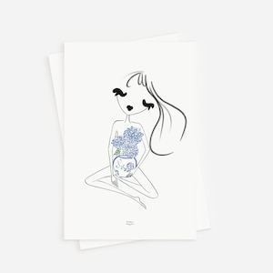 Postcard - Hug the Hydrangeas | Mini Art Print, Girl and Flowers