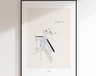 Bonjour - Paris Balcony Poster, Feminine Art Print, Paris Illustration Poster, France Poster, Paris Girl Print