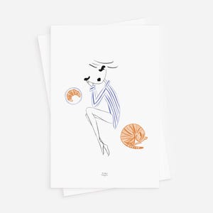 Cartolina con croissant e gatto - Illustrazione francese accogliente / Mini stampa artistica con ragazza e gatto / Cancelleria femminile, cartolina per la colazione