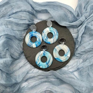 Blue Marble Circle Clay Earrings | Handmade Earrings | Polymer Clay Earrings | Gift For Her | Marble Jewelry | Lightweight Dangle Earrings