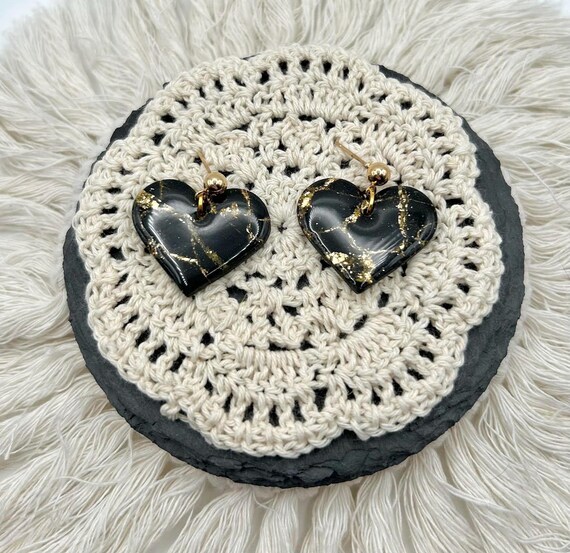 Black and Gold Marble Hearts Clay Earrings Handmade Earrings