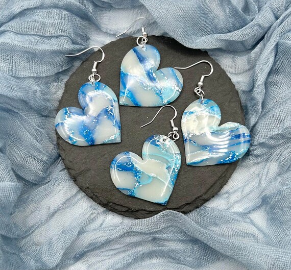 Blue Marble Hearts Clay Earrings Handmade Earrings Polymer