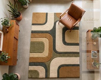 Tappeto retrò anni '70 trapuntato, tappeto moderno di metà secolo, tappeto in lana trapuntato a mano, tappeto geometrico per soggiorno, tappeto verde terracotta, tappeti intagliati in 3D