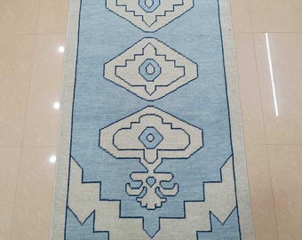Hand-Woven Pastel Blue Wool Runner Rug, Tribal Geometric Boho Hallway Carpet