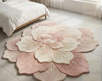 Tappeto in lana con petali di rosa 3D: tappeto floreale intagliato a mano per soggiorni di lusso.