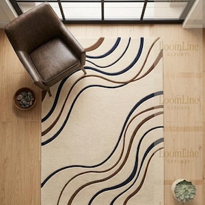 Nordic Ribbon Wave Hand-Tufted Wool Rug – Japandi Sinuous Contour Area Carpet