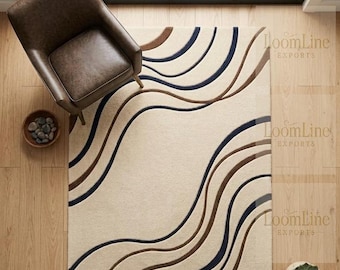 Nordic Ribbon Wave Hand-Tufted Wool Rug – Japandi Sinuous Contour Area Carpet
