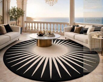 Tappeto rotondo Black Cream Sunburst: tappeto geometrico Art Déco di metà secolo