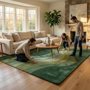 Hand-Tufted Wool Rug – 3D Green Wave Ombre Gradient Carpet