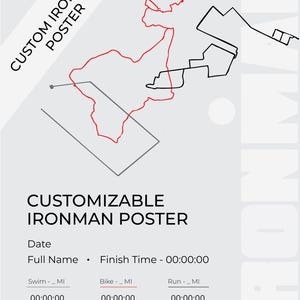 May include: Customizable Ironman poster with red and black course outlines on a light gray background. The poster includes fields for date, name, and finish times for swim, bike, and run events. Text reads "CUSTOM IRONMAN POSTER" and "CUSTOMIZABLE IRONMAN POSTER."