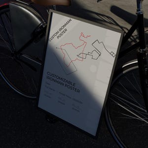 May include: A framed poster with the text "CUSTOMIZABLE IRONMAN POSTER" and a map design in red and black. The poster is propped against a black bicycle, with the front wheel and basket visible. The poster includes fields for date, name, and finish time.