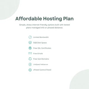May include: A graphic display titled Affordable Hosting Plan with the subtitle Simple, sharp internet-friendly options built with tested plans managed info or phased distance. It lists features including Limited Bandwidth, 5GB Disk Space, Free SSL Certificates, Free Emails, Free Sub Domains, LiteSpeed Webserver, and cPanel Control Panel.