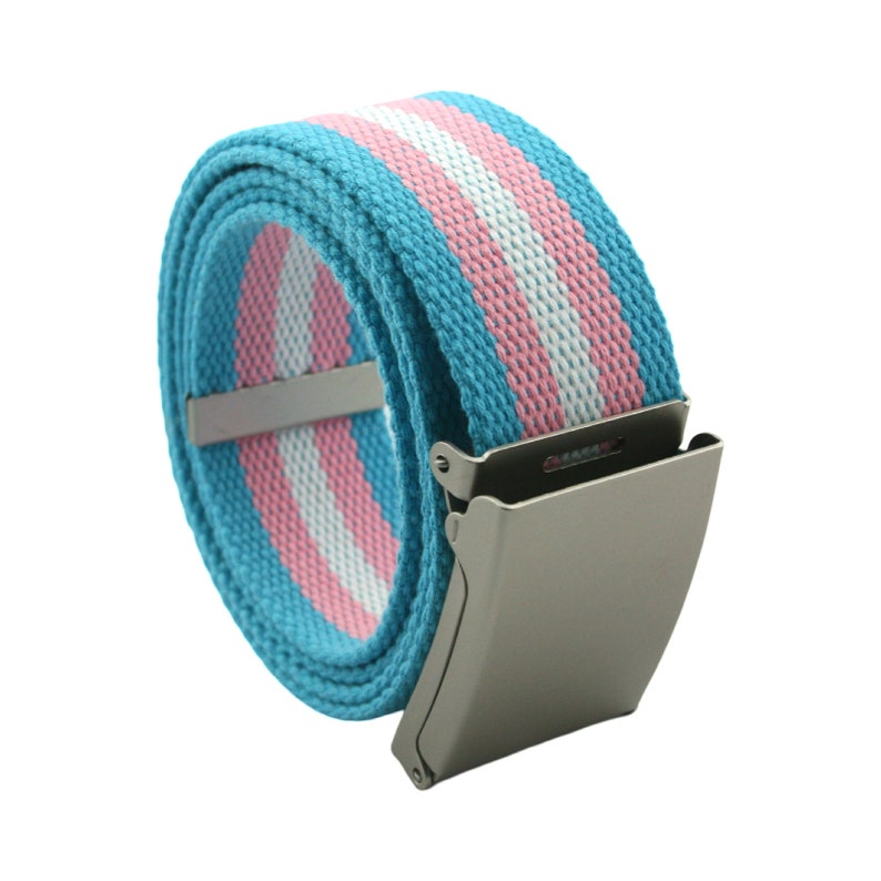 May include: A blue, pink, and white striped canvas belt with a silver buckle.