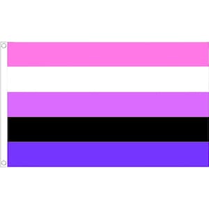 May include: A rectangular flag with horizontal stripes in pink, white, lilac, black, and purple. The flag has two eyelets on the left side for hanging.