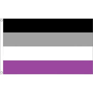 Könnte beinhalten: Eine asexuelle Pride-Flagge mit vier horizontalen Streifen: Schwarz, Grau, Weiß und Lila.