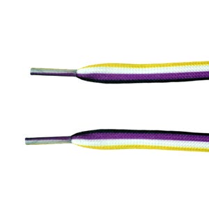 May include: A pair of shoelaces with a purple, white, and yellow striped pattern. The shoelaces are black on the back.