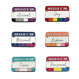 LGBTQ Enamel Pins - Hello I&#39;m... Bisexual, Asexual, Gay, Lesbian, Pansexual, Trans-Name Tags for Sexualities-LGBTQ Name Tags-CSD Name tags