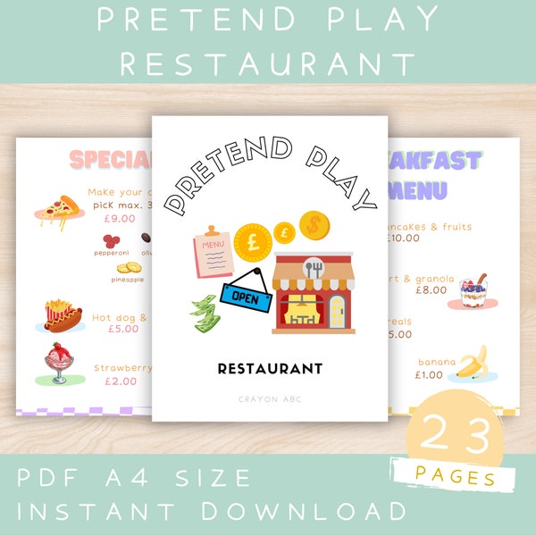 23 Printable Restaurant Pretend Play Pages Game Activity For Kids - Printable PDF - Instant Download
