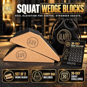 May include: Two triangular cork squat wedge blocks with black textured tops and the Alaiye logo, a black drawstring carry bag with the same logo, and a black 30-day squat challenge card with a numbered grid and a squatting figure illustration.