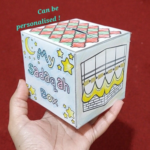 Printable DIY Sadaqah box printable Sadaqah box craft kids printable Ramadan colouring craft for kid printable Ramadan activity personalised